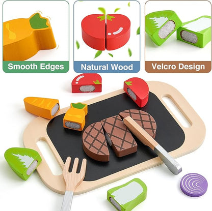 Wooden Play Kitchen Accessories for Toddlers 3-5, Play Food Sets for Kids Kitchen with Costume & Steak & Pasta & Utensils, Pretend Cooking Toys Christmas Birthday Gifts for Girls Boys 3 4 5 6