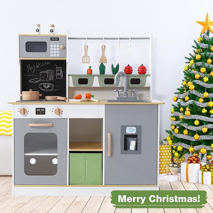 Bophy Wooden Farm & Kitchen Playset, Kids Play Kitchen with Cookware Accessories, Wooden Chef Pretend Play Set with Ice Maker, Chalkboard, Planter Area