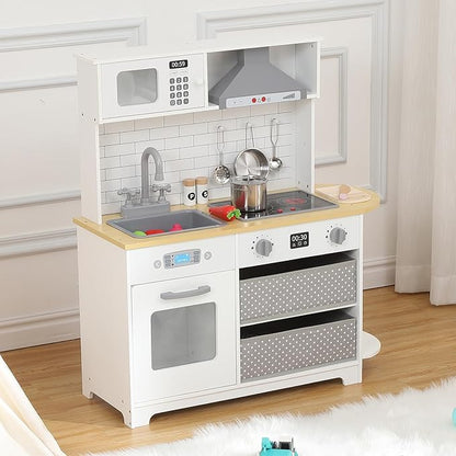 Wooden Play Kitchen for Kids - Innovative Corner Design, Realistic Cooking Sounds, Complete Accessories, Ample Storage Space, and Sound & Light Features