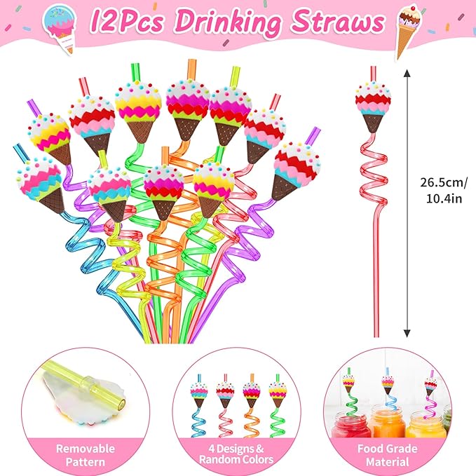 Winrayk Ice Cream Party Favors Birthday Supplies for 12 Kids, Drinking Straw Gift Bag Diy Sticker Keychain Slap Bracelet, Goody Bag Stuffers Pinata Filler Girls Two Sweet Birthday Party Supplies Decor