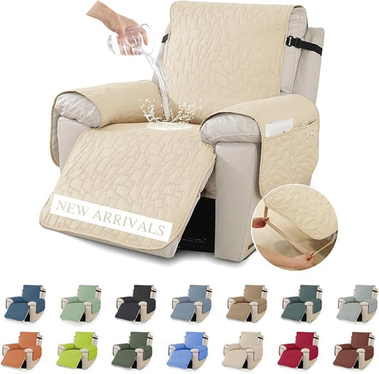 XINEAGE 100% Waterproof Recliner Chair Covers with Elastic Straps, Nonslip Reclining Couch Covers Washable Recliner Couch Cover with Pockets Furniture Protector for Pets Dogs (Beige, 23")