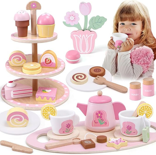 Wooden Tea Party Set for Toddler Girls Toys Gift with Cupcake Stand & Tray & Flower & Dessert, Kids Pretend Play Kitchen Accessories Christmas Birthday Gifts for 3 4 5 6 Years Old Little Girl