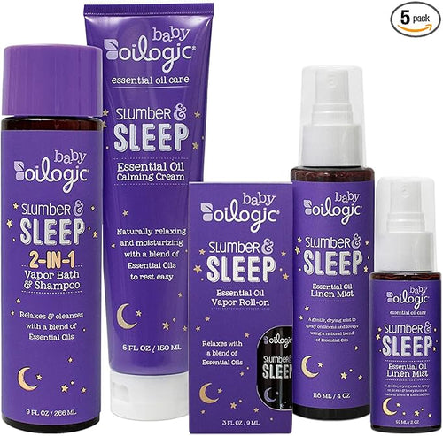 Oilogic Slumber & Sleep Baby Bath Essentials Gift Set, 5-Pack - Essential Oil Care includes Roll-On