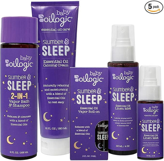 Oilogic Slumber & Sleep Baby Bath Essentials Gift Set, 5-Pack - Essential Oil Care includes Roll-On