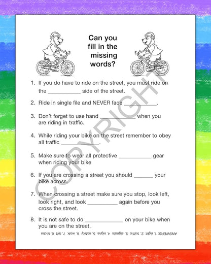 ZOCO - Bike Safety - Educational Coloring Books (25 Bulk Pack, with Crayons) - Bicycle Rules, Road, Helmet Safety - Games, Puzzles, Activities for Kids