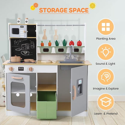 Wooden Play Kitchen, Farm to Kitchen Set, Kids Kitchen Toys with Cookware Accessories, Kitchen Play for Boys and Girls