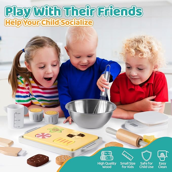 Wooden Toy Bake and Cookie Set, Pretend Play Food Sets for Kids, Pretend Cookies and Baking Set Kitchen Playset, Pretend Play Kitchen Accessories Gift for Boys and Girls Ages 3+
