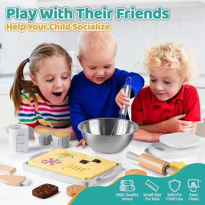 Wooden Toy Bake and Cookie Set, Pretend Play Food Sets for Kids, Pretend Cookies and Baking Set Kitchen Playset, Pretend Play Kitchen Accessories Gift for Boys and Girls Ages 3+