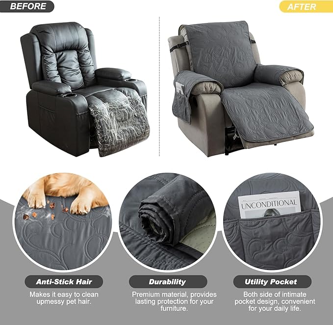 100% Waterproof Recliner Chair Cover, Recliner Chair Covers for Reclining Chair, Non-Slip Fabric Recliner Couch Cover for Living Room, for Pets Kids Protector, Washable (Dark Gray, 28"Recliner Chair)