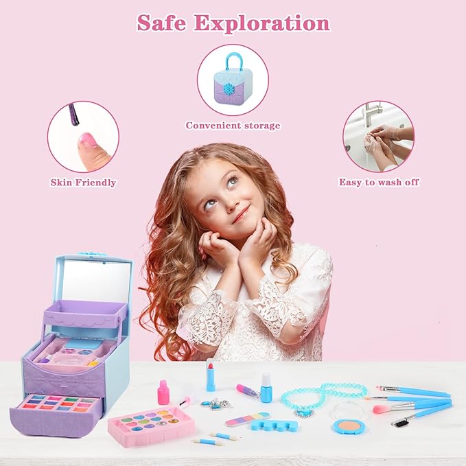 TOKIA 49pcs Big Amount Kids Makeup Kit for Gilrs, Non-Toxic & Safe Pretend Play Makeup for Little Girls, Real Washable Cosmetics with Case, Best Princess Birthday Gifts for Age 3-12 Years Old Toddlers