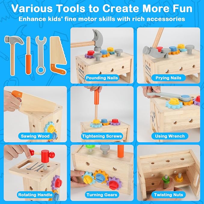Vextronic Kids Tool Set, Wooden Toddler Tool Set with Tool Box/Bench, Montessori Toys for 1 2 3 4 5 6 Year Old, Play Toy Tools Kit, Educational STEM Construction Christmas Birthday Gift for Boys Girls