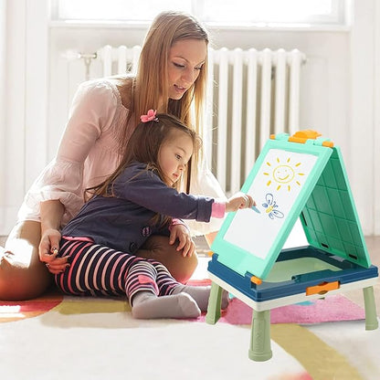 Table Art Easel for Kids, Double Sided Foldable Tabletop Drawing Easels Chalkboard Desk with Graffiti and Board Game Accessories Supplies for Boys and Girls (Blue)
