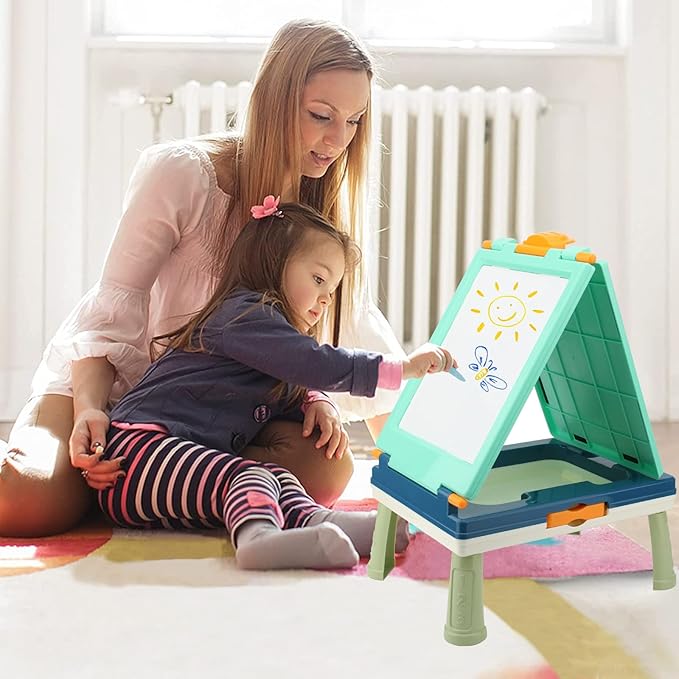 Table Art Easel for Kids, Double Sided Foldable Tabletop Drawing Easels Chalkboard Desk with Graffiti and Board Game Accessories Supplies for Boys and Girls (Blue)