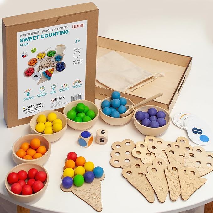 Ulanik Sweet Counting Large Toddler Montessori Toys for 3 Year Old + Kids Wooden Matching Game for Learning Color Sorting and Counting — 60 Balls, 0.98 in
