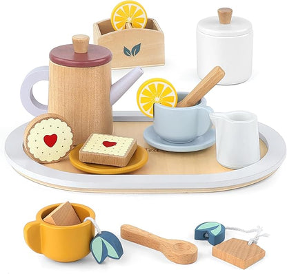 Wooden Toy Tea Set for Little Girls, Toddler Tea Party Set Kids Pretend Play Kitchen Accessories with Play Food Gift for Girls Boys 3 Years and up