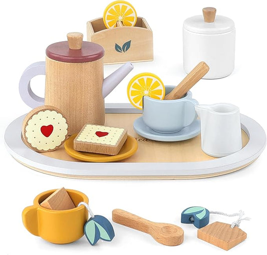 Wooden Toy Tea Set for Little Girls, Toddler Tea Party Set Kids Pretend Play Kitchen Accessories with Play Food Gift for Girls Boys 3 Years and up