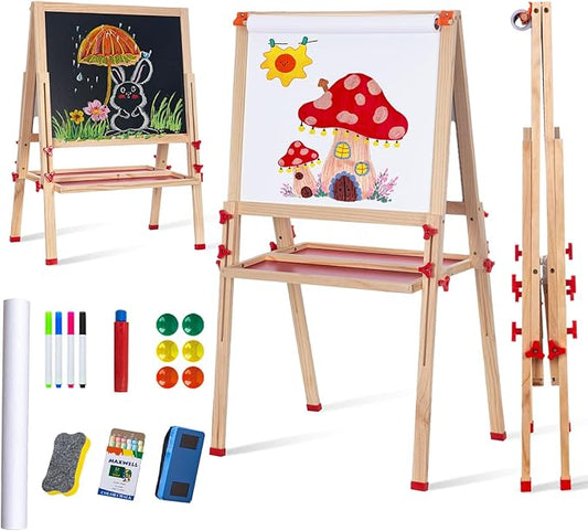 Wooden Adjustable Easel for Kids,Quick-Fold Kids Easel with Paper Roll&Accessories, Double Sided Painting Easel for Toddlers 3,4,5,6,7,8,9,10 Years,Perfect Painting Gifts&Supplies for Boys&Girls