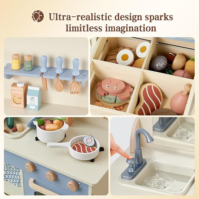 Wooden Kitchen Playset for Kids, Toddler Play Kitchen with 32Pcs Accessories Cutting Food Set, Stove & Water Sink, Pretend Play Toy for Kids Ages 3+