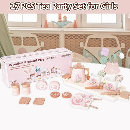 Wooden Tea Set for Little Girls, Pretend Play Tea Party Set Toy with 27 PCS Play Kitchen Accessories, Princess Tea Set Toy, Birthday Gift for Kids 2 3 4 5 Years Old, Improve Imagination