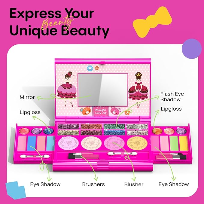 Tomons Kids Makeup Kit for Girl Real Washable Cosmetic Toy Beauty Set, Birthday Toys Gift for 3 4 5 6 7 8 9 10 Year Girls