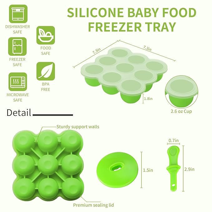 WAJIAYON Baby Food Storage Container, Silicone Baby Food Freezer Tray with Lid