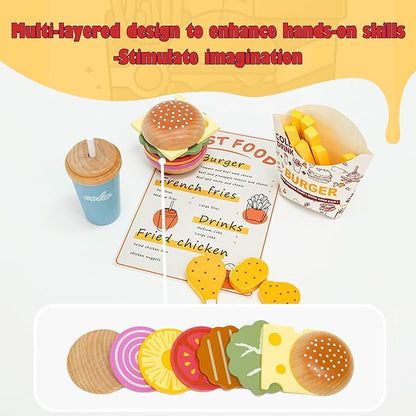Wooden Pretend Play Fast Food for Kids,Play Food Sets for Kids Kitchen,Restaurant Play Set for Kids with Hamburger, Fries,Fried Chicken,Coke,Ketchup,Sauce,Gifts for 3 4 5+ Years Old