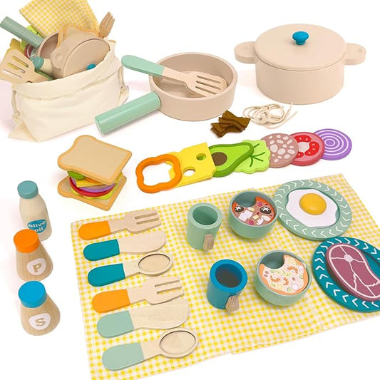 Wooden Play Cooking Set, 36pcs Kitchen Set for Toddlers, Play Food Sets for Kids Kitchen, Wood Play Kitchen Accessories with Fake Food,Pot & Pan,Utensils,Gifts for 3 4 5 Years Old Girls Boys