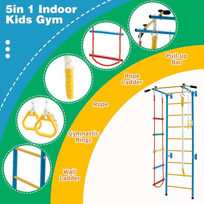 tongmo Climbing Toys for Kids, Metal Indoor Kids Gym for Exercise, Multiple Modes Play Climbing Set, Sturdy Playground with Rope Ladder, Pull-up Bar, Wall Ladder, Rope and Gymnastic Rings