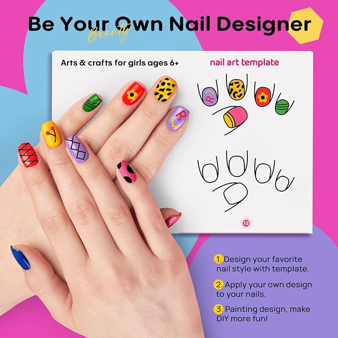 Tomons Nail Polish Set Non Toxic Kids Nail Polish Kit for Kids Ages 7-12, Birthday Gifts for 6 7 8 9 10 11 12 Year Girl, Glitter, Sequins, Stickers, Nail Art Kit Tools- 8 Colors