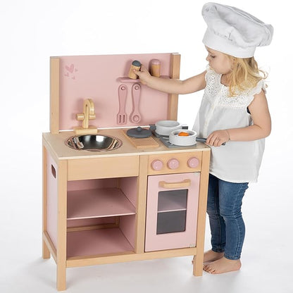 Wooden Kitchen Play Set - Pink - Standing Appliance Toy, Cooking & Food Accessories, Storage-Oven-Sink, Pretend Play Station, Kids Age 3+