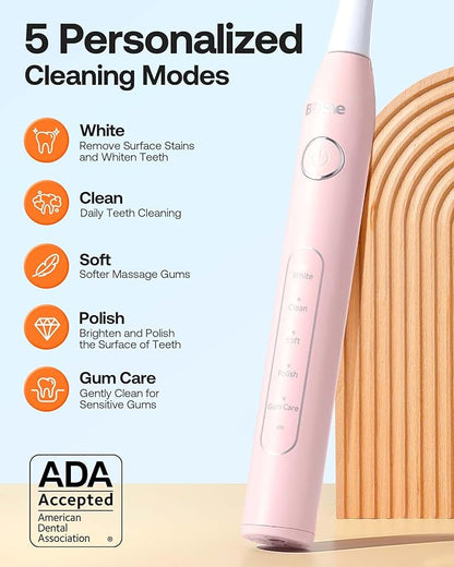 Bitvae Electric Toothbrushes 2 Pack Ultrasonic Toothbrush with Holders, Dual Ultrasonic Electronic Toothbrush 8 Brush Heads 5 Modes, Rechargeable Power Toothbrush for 30 Days Using, Black & Pink