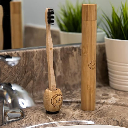 Bamboo Charcoal Toothbrush with Travel Case & Holder Kit - Extra Soft Natural Bristles for Sensitive Teeth | Eco Friendly Portable Wooden Travel Set | Single Wood Toothbrushes Stand & Cover