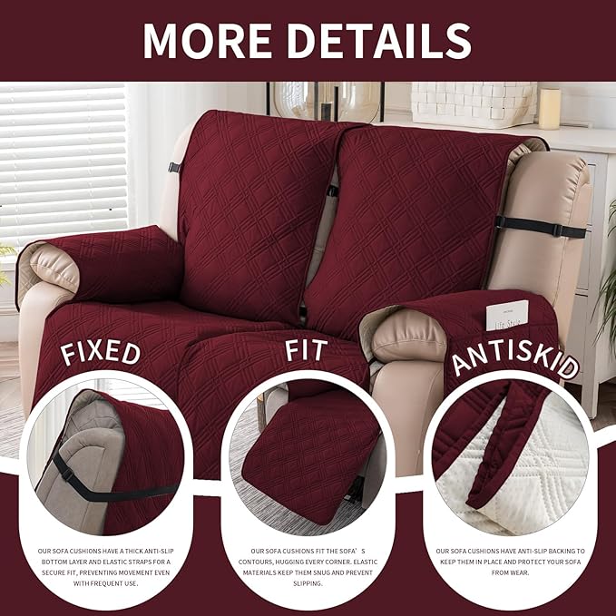 Easehomey Waterproof Loveseat Recliner Cover,Non Slip Reclining Couch Covers for 2 Seat,Dog Chair Cover Furniture Protector Washable Chair Cover with Pocket for Kids,Pets,Dogs(Wine Red,2Seat)