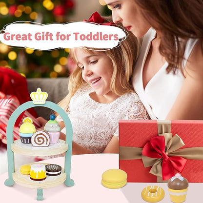 Wooden Tea Party Set for Little Girls, Toys Toddler Tea Set with Pretend Play Toy Cookies & Cake Stand, Kids Kitchen Playset Wooden Toys Birthday Gift for 2 3 4 5 6 Year Old Girls Boys