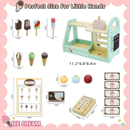 Wooden Ice Cream Counter Playset for Kids, 19pcs Ice Cream Toys for Toddlers, Ice Cream Shop Toys for Kids Ages 3+, Play Food and Accessories Pretend Food Toys for Girls Boys