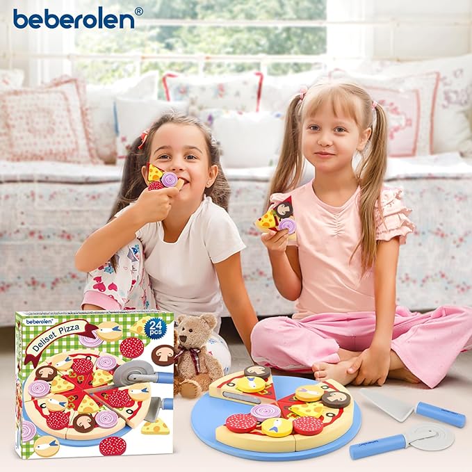 Wooden Pizza Toys for Kids, 24Pcs Cutting Toy Pizza Play Food Set, Pretend Play Kitchen Accessories Wood Cooking Toys for 3 4 5 Year Old Toddlers Boys Girls