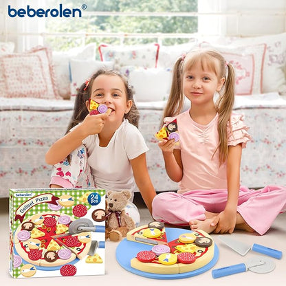 Wooden Pizza Toys for Kids, 24Pcs Cutting Toy Pizza Play Food Set, Pretend Play Kitchen Accessories Wood Cooking Toys for 3 4 5 Year Old Toddlers Boys Girls