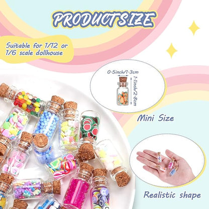70 Pieces Cute Miniature Dollhouse Food Jar Glass Bottle 1:12 Pretend Play Doll House Kitchen Decoration 1:6 Fruit Candy Snack Mold Mini Kitchen Food Model Dollhouse Accessories for Girls Kids Boys