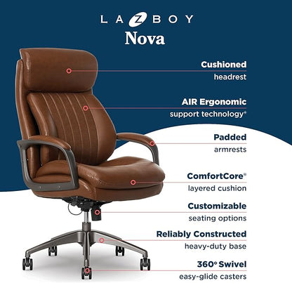 La-Z-Boy Nova Vegan Leather Modern Executive Ergonomic Design Office Chair, Memory Foam Thick Contoured Seat Back with Patented Lumbar Support Technology, Soft to Medium Sit Comfort, Cognac