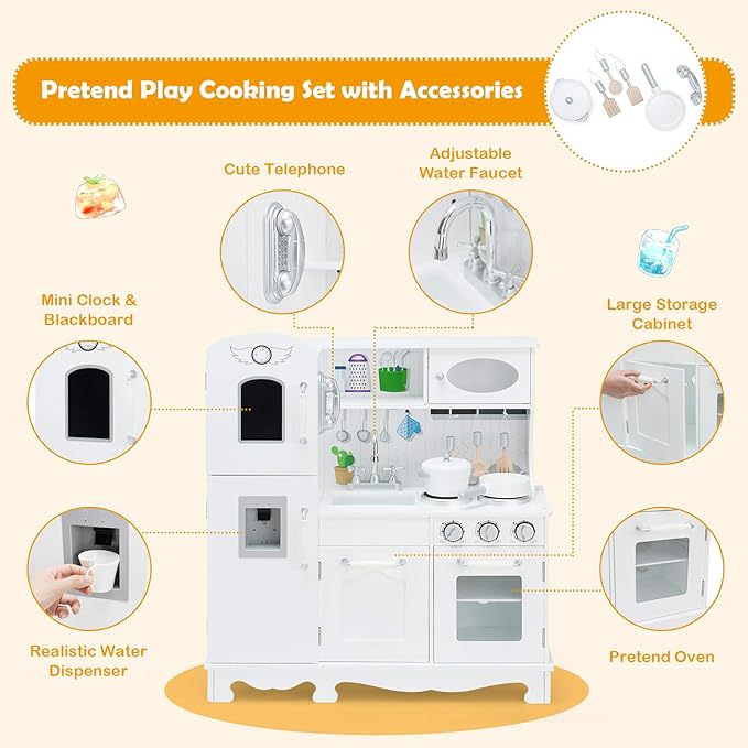 ARLIME Kids Kitchen Playset, Wooden Toy Toddler Kitchen w/Simulated Sound, Sink, Stovetop, Microwave, Refrigerator, Pretend Play Kitchen Great Gift for Boys Girls
