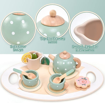 Atoylink Wooden Tea Party Set for Little Girls 28 Pcs Toddler Tea Set with Cupcake Stand & Food Pretend Play Accessories Kids Kitchen Playset Wooden Toys for 2 3 4 5 6 Year Old Girl Birthday Gift