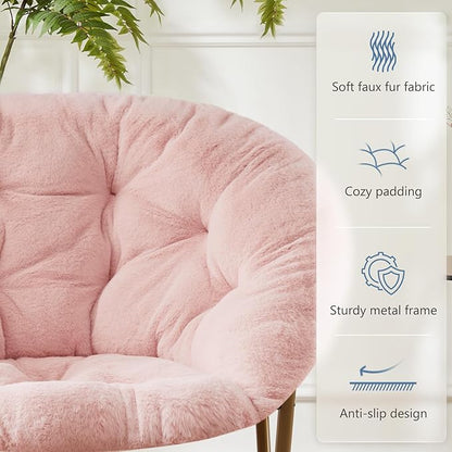 DUMOS Comfy Saucer Chairs, Faux Fur Lounge Bedroom Living Room Flexible Folding Seating for Kids Adults Soft Padded Metal Frame Modern for Home Office Pink
