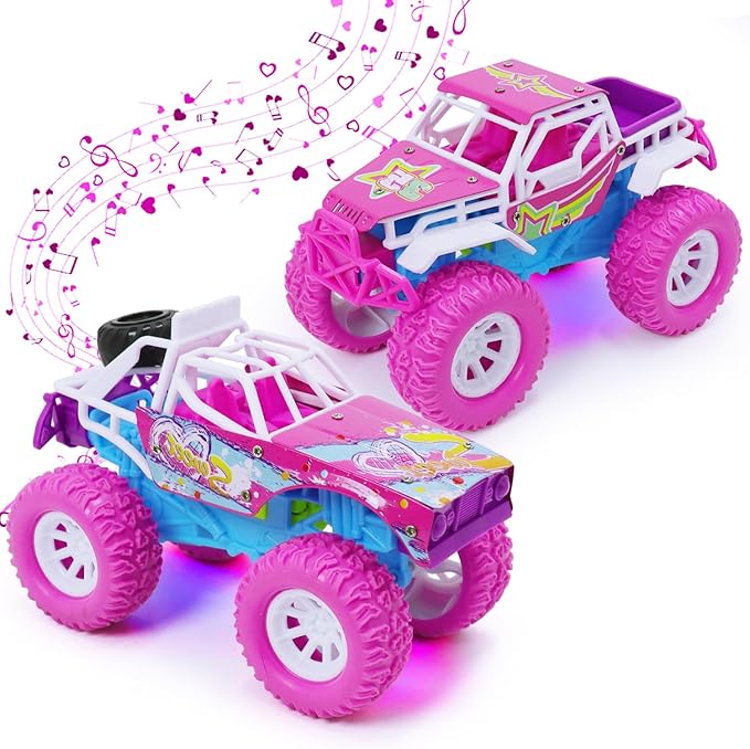Pink Toys Car for Toddler Girl, 2 Pack 6.3 Inch Push and Go Vehicle Monster Toy Trucks for 3 4 5 6 Year Old Kids Gifts
