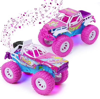 Pink Toys Car for Toddler Girl, 2 Pack 6.3 Inch Push and Go Vehicle Monster Toy Trucks for 3 4 5 6 Year Old Kids Gifts