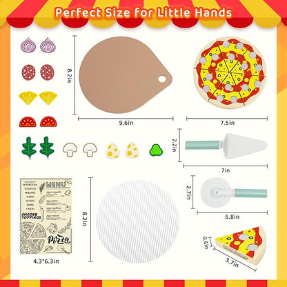 Wooden Pizza Toy Cutting Play Food，26Pcs Pizza Toys for Kids Ages 3-5，Kids Pizza Playset Pretend Play Kitchen Accessories，Play Pizza Set for Kids Wood Cooking Toys Birthday