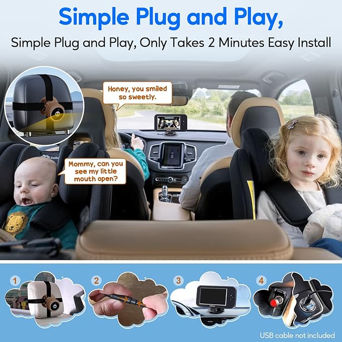 Baby Car Camera for Backseat 1080P - HD Crystal Night Vision, Easy to Install, 360° Rotation, Protect Baby's Eye, Perfect for Brown Car Interiors, Rear Facing Backseat Camera for Newborn, Infant, Kids