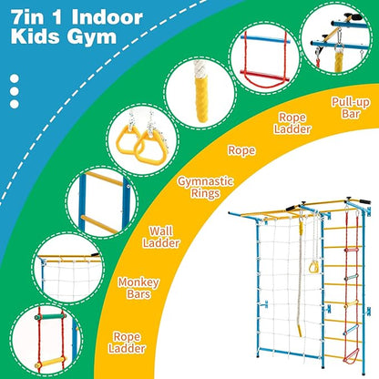 tongmo Climbing Toys for Kids, Upgrade Metal Indoor Gym for Exercise, Playground and Climbing Set with Rope Ladder, Rope Wall, Pull-up Bar, Wall Ladder, Monkey Bars, Rope and Gymnastic Rings