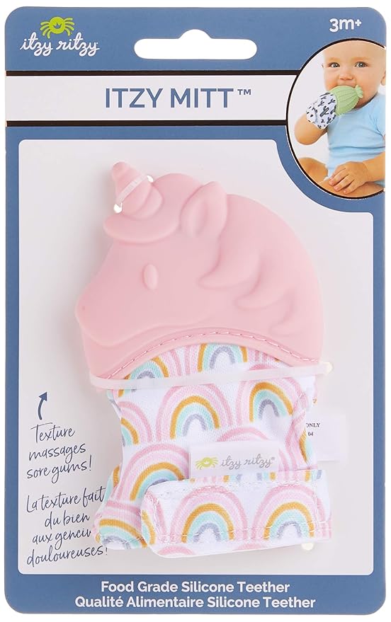 Itzy Ritzy Silicone Teething Mitt - Soothing Infant Teething Mitten w/Adjustable Strap, Crinkle Sound 3 Mos