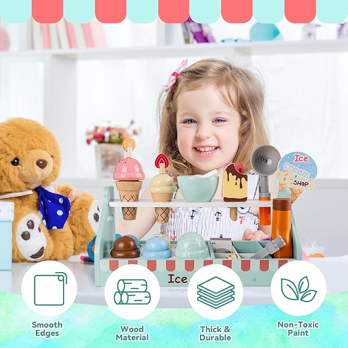 Wooden Ice Cream Toys for Kids, Commodum 43pcs Ice Cream Shop Counter Playset, Kids Pretend Kitchen Play Food Toys with Scoop & Fake Money, Wooden Toys for Toddlers Ages 3+, Christmas Birthday Gifts