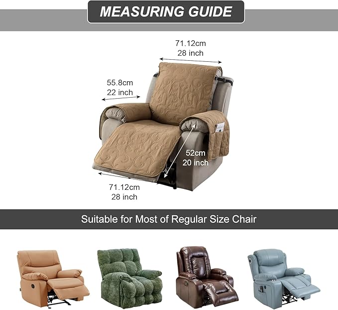100% Waterproof Recliner Chair Cover, Recliner Chair Covers for Reclining Chair, Non-Slip Fabric Recliner Couch Cover for Living Room, for Pets Kids Protector, Washable (Camel, 28"Recliner Chair)